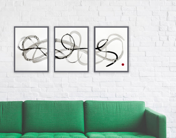 Set of three black and white abstract paintings
