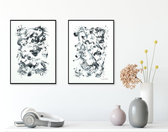 Set of two black and white abstract paintings