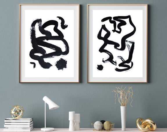 Set of two black and white abstract paintings for sale