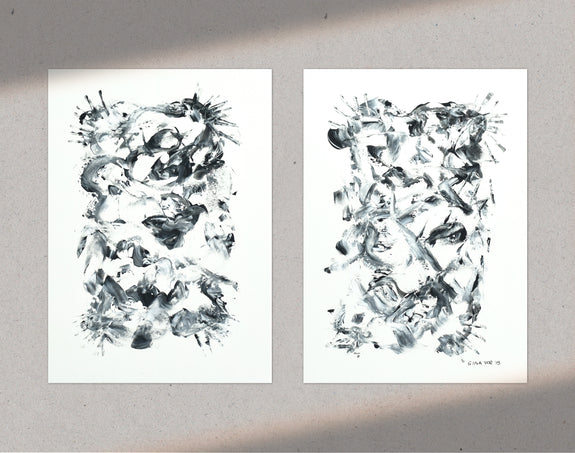 Two black and white abstract paintings for sale