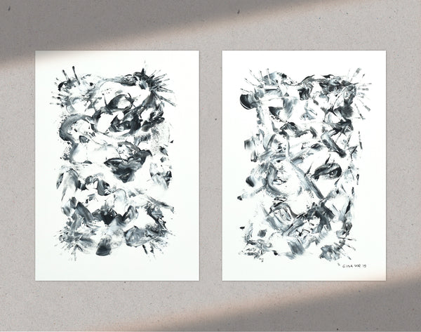 Two black and white abstract paintings for sale