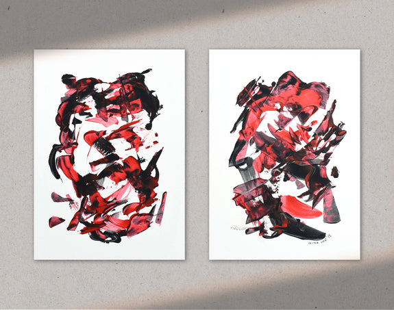 Set of two abstract paintings in  black and red, for sale online